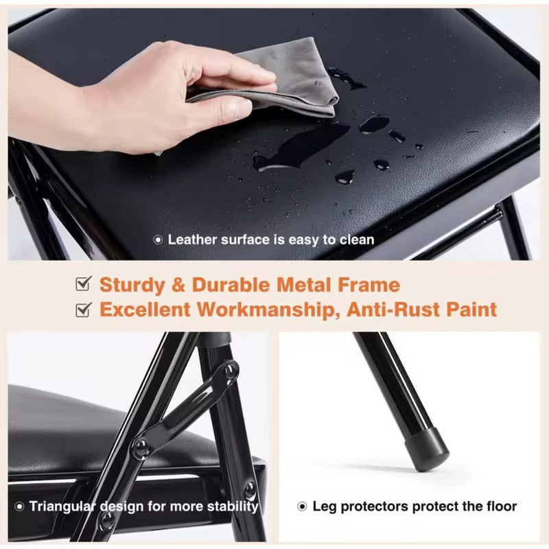Silla Plegable De Acero Acolchonada Eco Cuero Resistente X2 Negro Eco Cuero