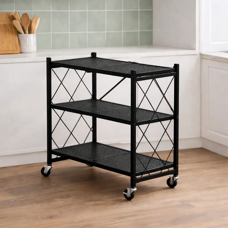 Estantería Plegable Metálica 3 Niveles Con Ruedas Resistente Negro