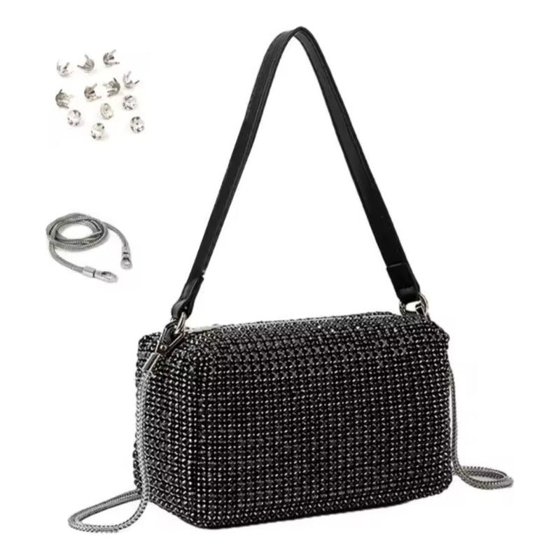 Cartera De Mano Brillos Negra Elegante Fiesta Mujer Noche Negro
