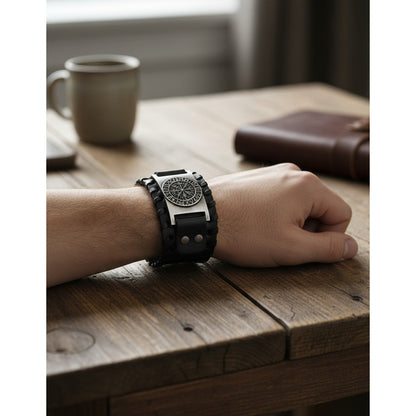 Pulsera De Eco Cuero Modelo Enchapado Vikingo Para Hombre