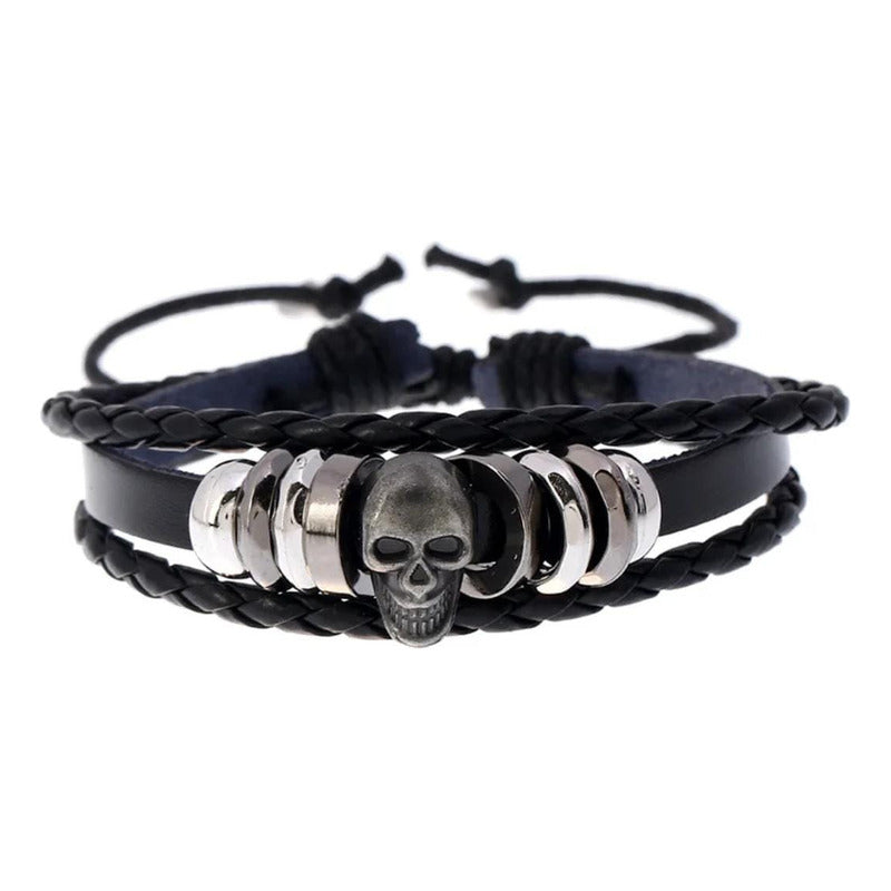Pulsera De Cuero Sintético Modelo Calavera Urbano Moderno Negro 9 Cm 17 Cm