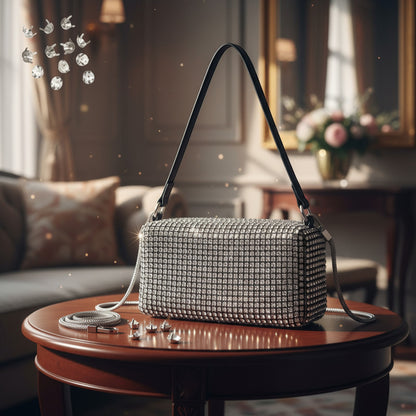 Cartera De Mano Brillos Negra Elegante Fiesta Mujer Noche Plateado