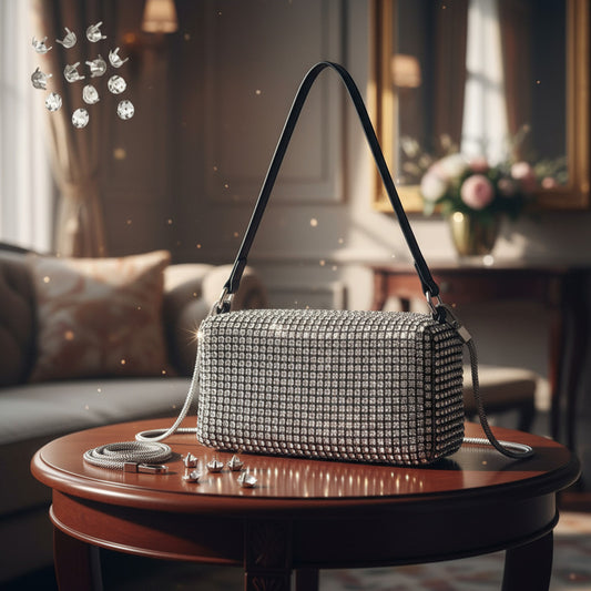 Cartera De Mano Brillos Negra Elegante Fiesta Mujer Noche Plateado