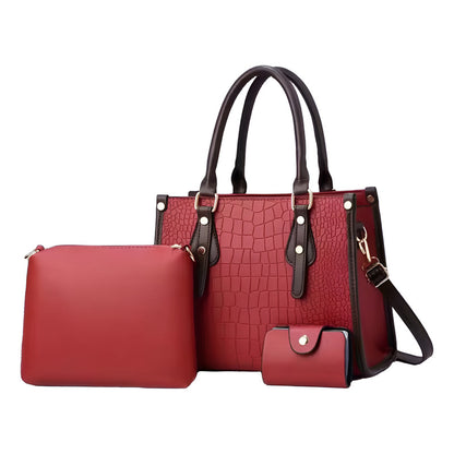 Set 3 Cartera Y Bolso De Mano Mujer Eco Cuero Dama Elegante Rojo Lisa Negro