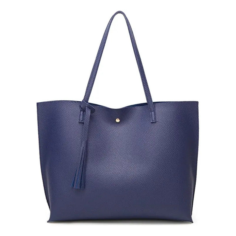 Cartera Mujer Bolso Dama Grande De Mano Cuerina Eco Cuero 1 Azul Marino Lisa