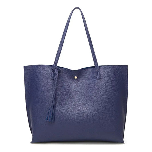 Cartera Mujer Bolso Dama Grande De Mano Cuerina Eco Cuero 1 Azul Marino Lisa