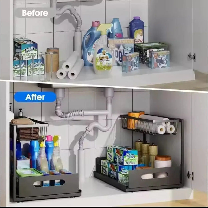 Organizador De Cocina Bajo Mesada Deslizante Multiuso Baño Negro