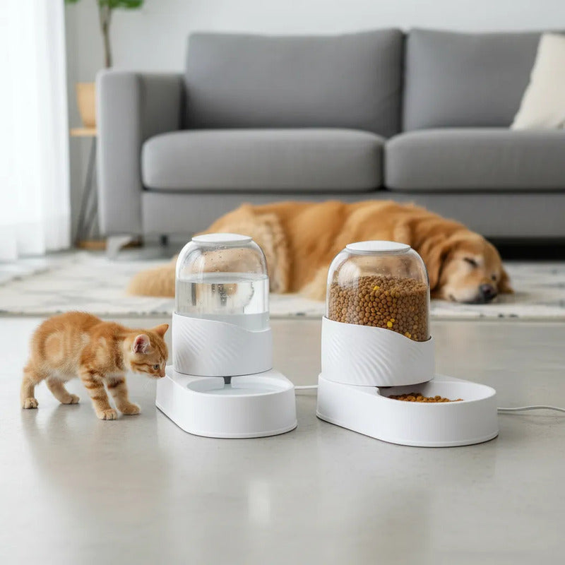 Bebedero Y Comedero Automático Mascotas Perro Gato Premium Blanco