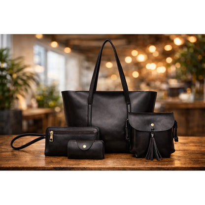 Set De Cartera X4 Bolso Monedero Billetera Eco Cuero Dama 1 Negro Lisa