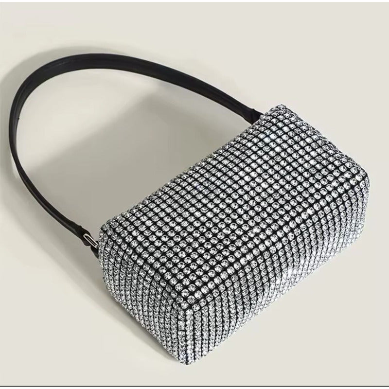 Cartera De Mano Brillos Negra Elegante Fiesta Mujer Noche Plateado