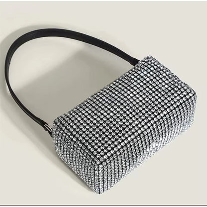 Cartera De Mano Brillos Negra Elegante Fiesta Mujer Noche Plateado