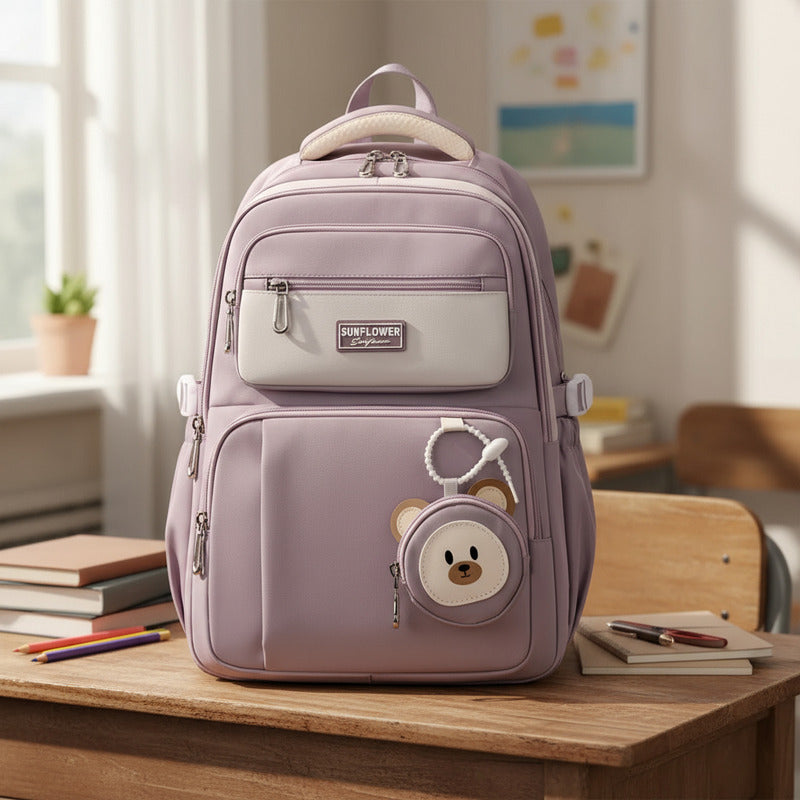 Mochila Escolar Liceal Unisex Grande Impermeable Para Viaje Lila Liso