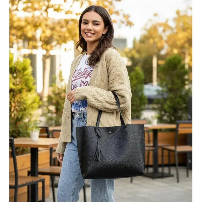Cartera Mujer Bolso Dama Grande De Mano Cuerina Eco Cuero 1 Azul Acero Lisa