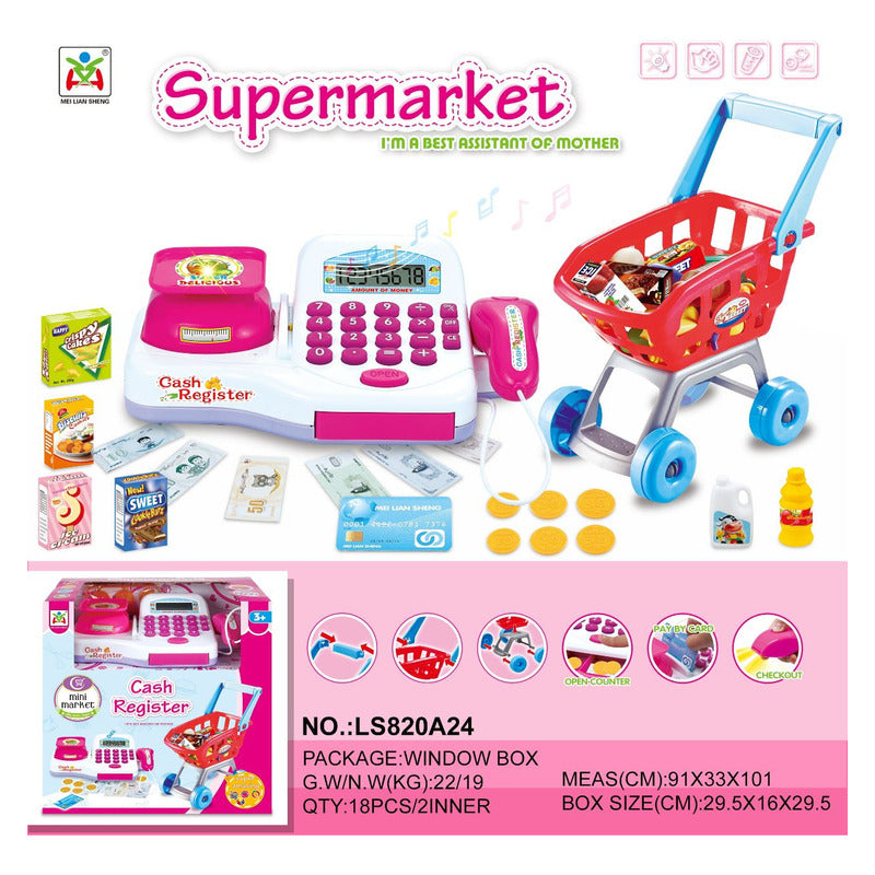 Juguete Carrito De Compras Caja Registradora Infantil Juego Blanco Y Rosa