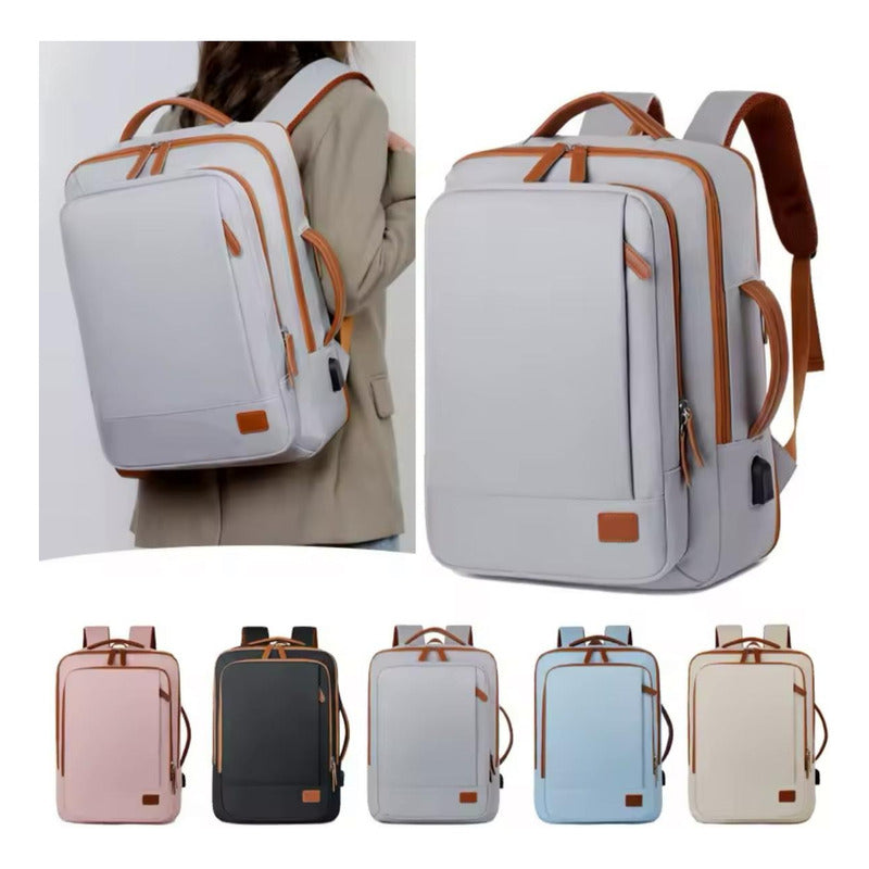 Mochila Antirrobo Usb Expansible Impermeable Trabajo Escolar Beige
