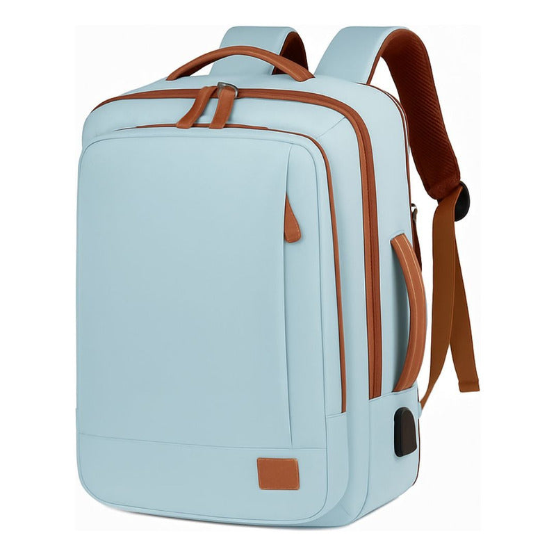 Mochila Antirrobo Usb Expansible Impermeable Trabajo Escolar Celeste