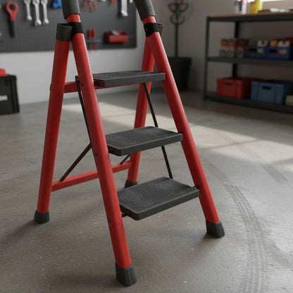 Escalera Antideslizante 3 Escalones Plegable Peldaños Anchos Rojo
