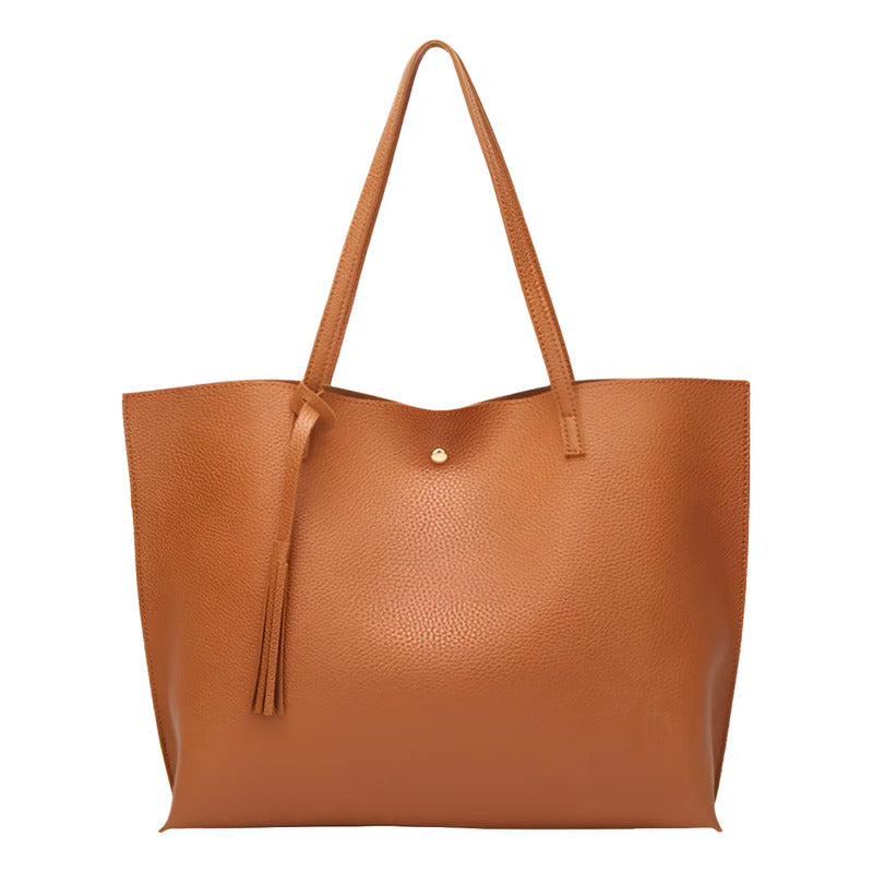 Cartera Mujer Bolso Dama Grande De Mano Cuerina Eco Cuero 1 Marrón Lisa