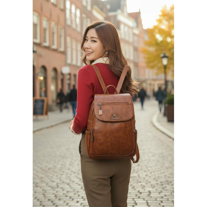 Mochila Eco Cuero Dama Mujer Bolso Impermeable Solapa 2