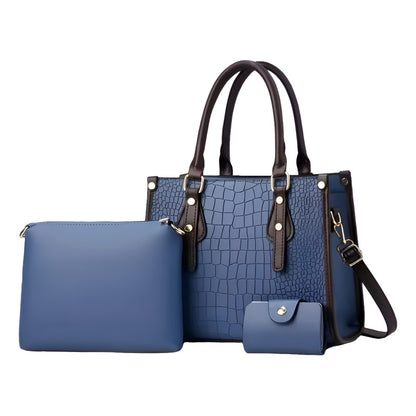 Set 3 Cartera Y Bolso De Mano Mujer Eco Cuero Dama Elegante Azul Lisa Negro