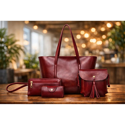 Set De Cartera X4 Bolso Monedero Billetera Eco Cuero Dama 1 Rojo Lisa