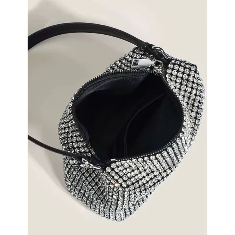 Cartera De Mano Brillos Negra Elegante Fiesta Mujer Noche Plateado