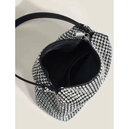 Cartera De Mano Brillos Negra Elegante Fiesta Mujer Noche Plateado