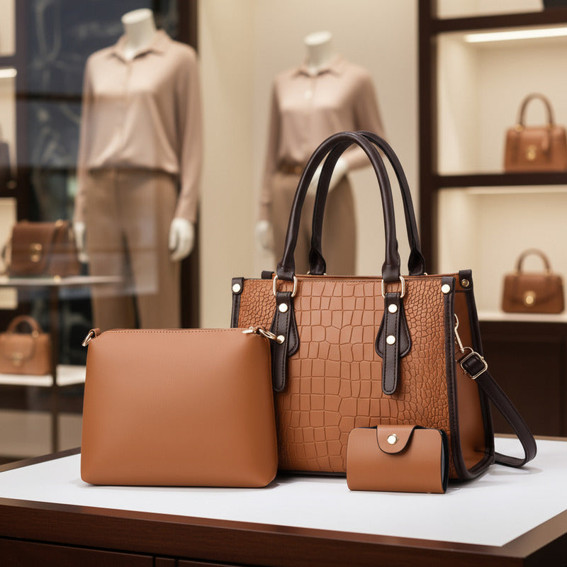 Set 3 Cartera Y Bolso De Mano Mujer Eco Cuero Dama Elegante Marrón Lisa Negro