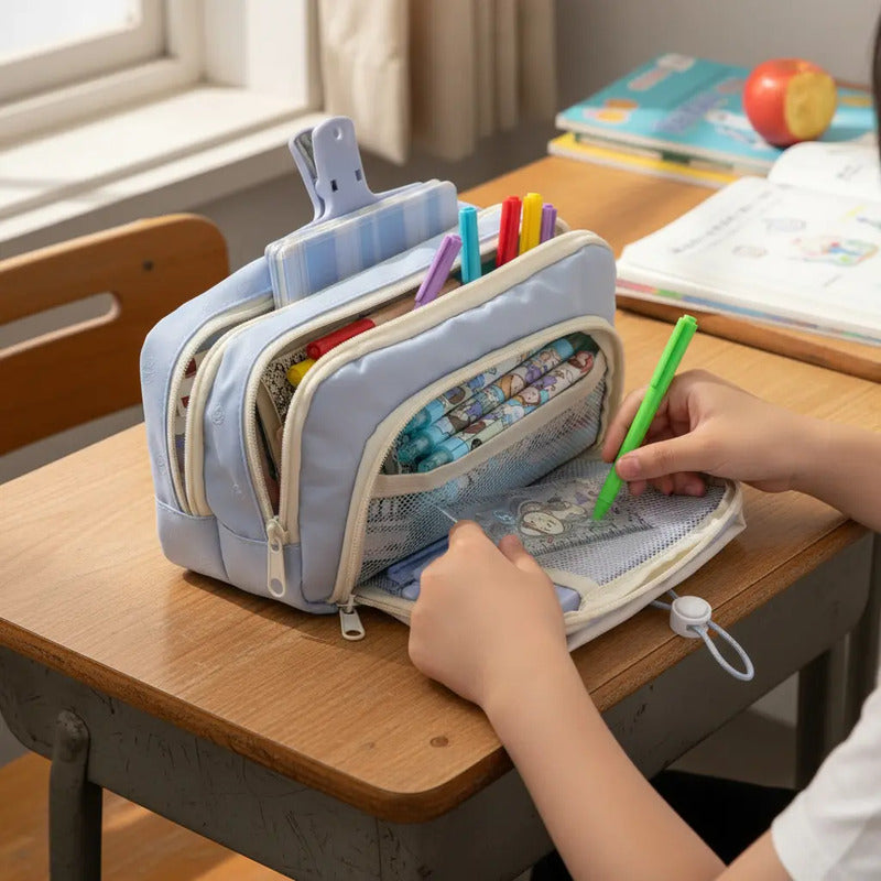 Cartuchera Infantil Grande Triple Cierre Escolar Organizada Celeste Lisa
