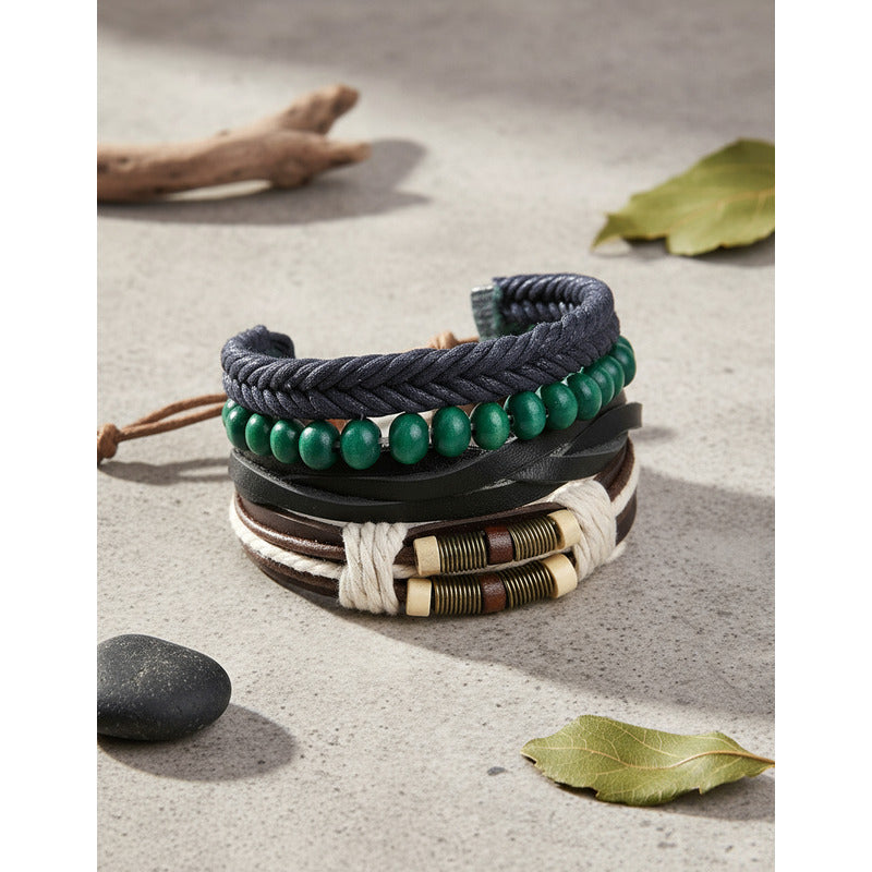 Pulsera De Cuero Sintético 5 En 1 Perlas Verdes Unisex Moda Perlas Verdes 10 Cm 18 Cm