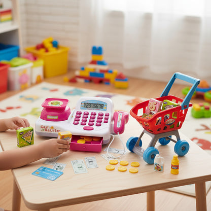 Juguete Carrito De Compras Caja Registradora Infantil Juego Blanco Y Rosa