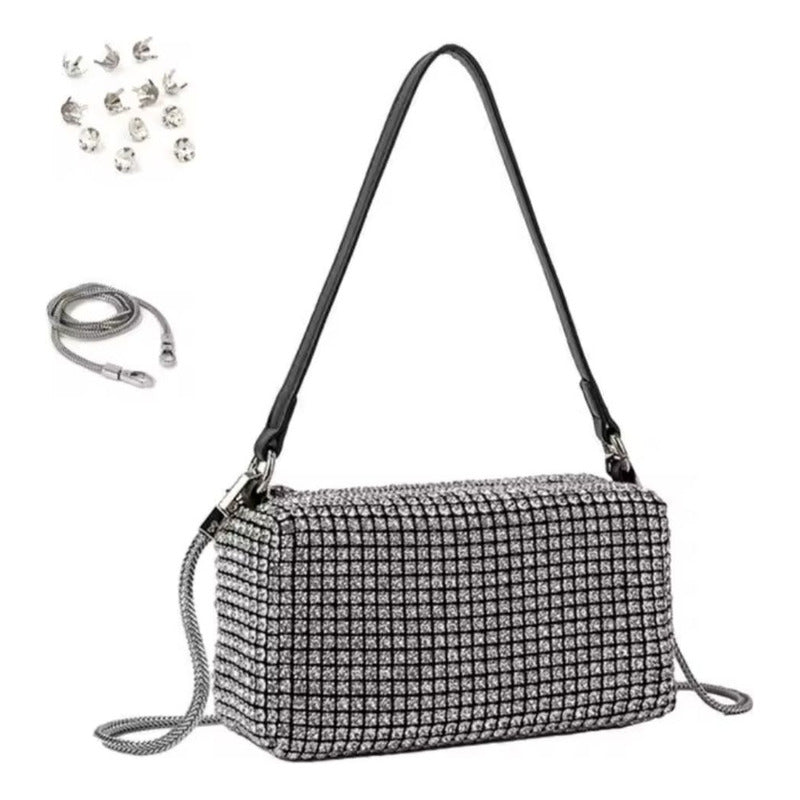 Cartera De Mano Brillos Negra Elegante Fiesta Mujer Noche Plateado