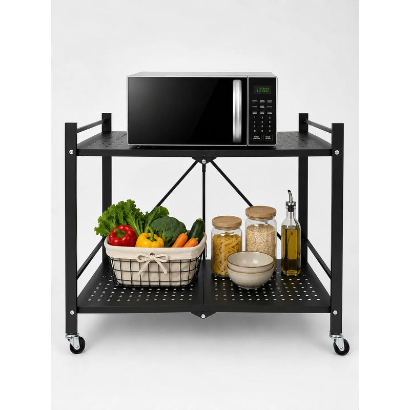 Estantería Metálica 2 Niveles Plegable Con Ruedas Resistente Negro