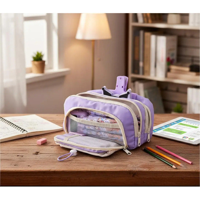 Cartuchera Infantil Grande Triple Cierre Escolar Organizada Violeta Lisa