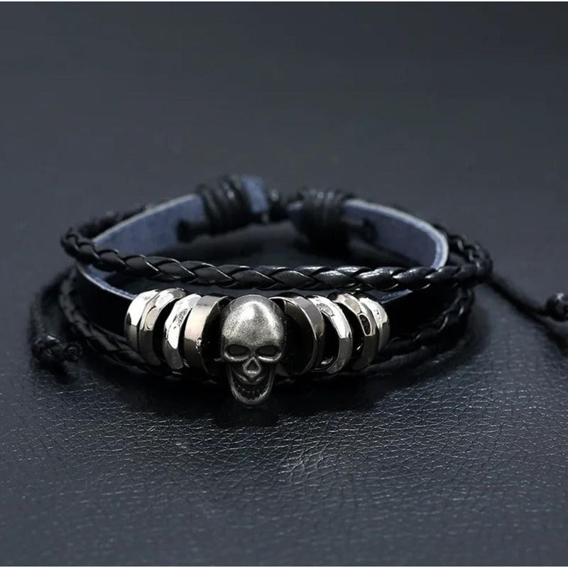 Pulsera De Cuero Sintético Modelo Calavera Urbano Moderno Negro 9 Cm 17 Cm