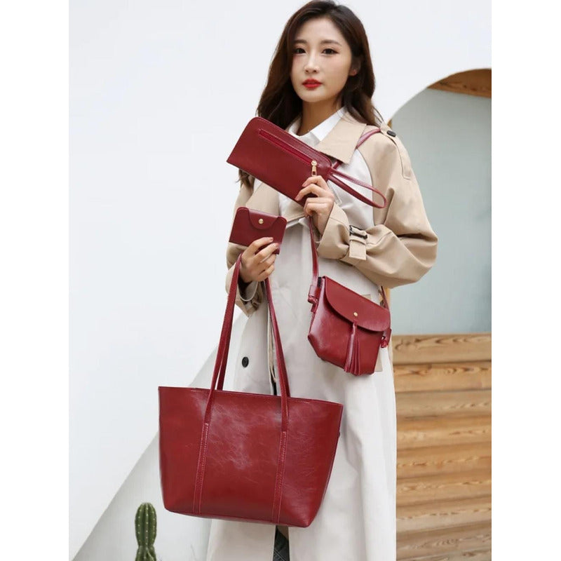 Set De Cartera X4 Bolso Monedero Billetera Eco Cuero Dama 1