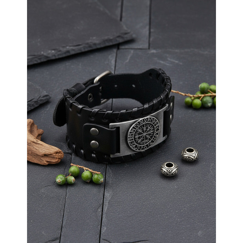 Pulsera De Eco Cuero Modelo Enchapado Vikingo Para Hombre