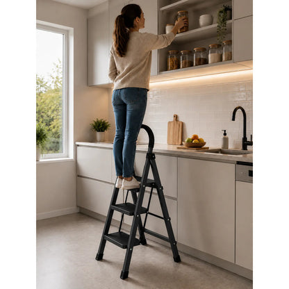 Escalera Antideslizante 3 Escalones Plegable Peldaños Anchos Negro