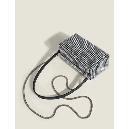 Cartera De Mano Brillos Negra Elegante Fiesta Mujer Noche Plateado