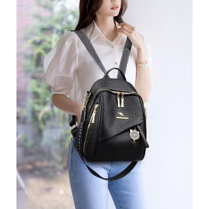 Mochila Mujer Eco Cuero Urbana Bolso Dama Antirrobo Negro Negro Liso