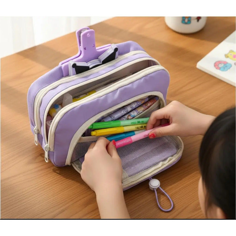Cartuchera Infantil Grande Triple Cierre Escolar Organizada Violeta Lisa