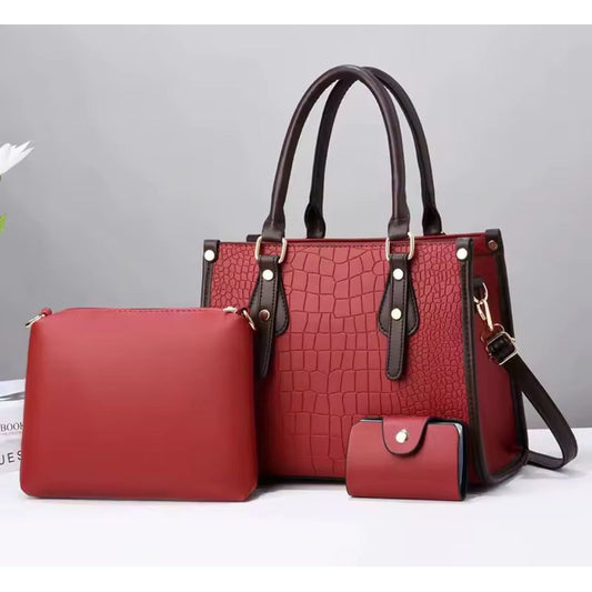 Set 3 Cartera Y Bolso De Mano Mujer Eco Cuero Dama Elegante Rojo Lisa Negro