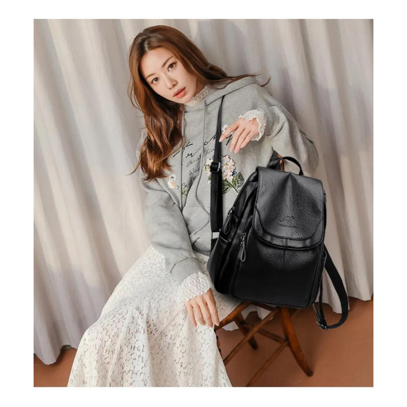 Mochila Dama Bolso Mujer Cuerina Eco Cuero Bolsillo Solapac3