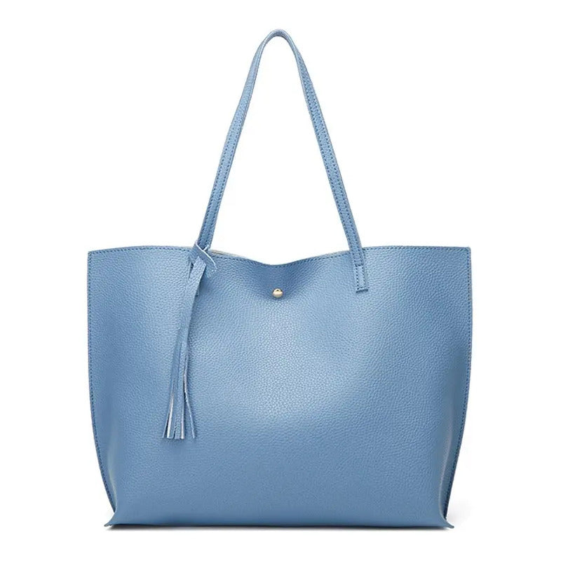 Cartera Mujer Bolso Dama Grande De Mano Cuerina Eco Cuero 1 Azul Acero Lisa