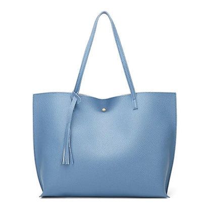 Cartera Mujer Bolso Dama Grande De Mano Cuerina Eco Cuero 1 Azul Acero Lisa