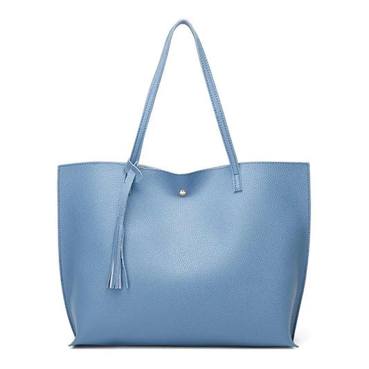 Cartera Mujer Bolso Dama Grande De Mano Cuerina Eco Cuero 1 Azul Acero Lisa