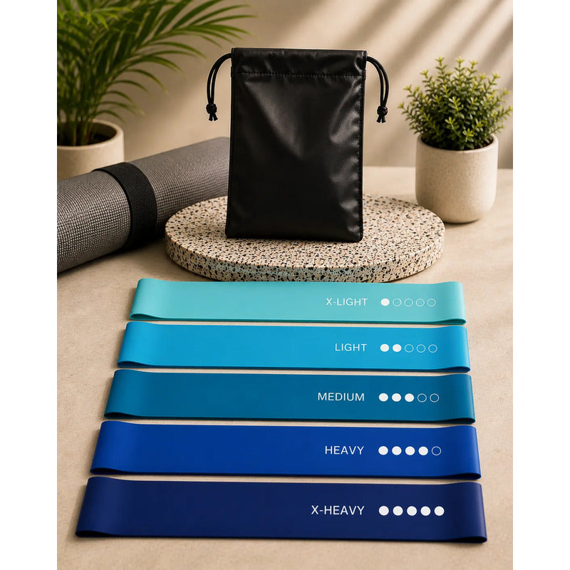 Set 5 Bandas Elásticas De Resistencia Fitness Con Bolso Azul