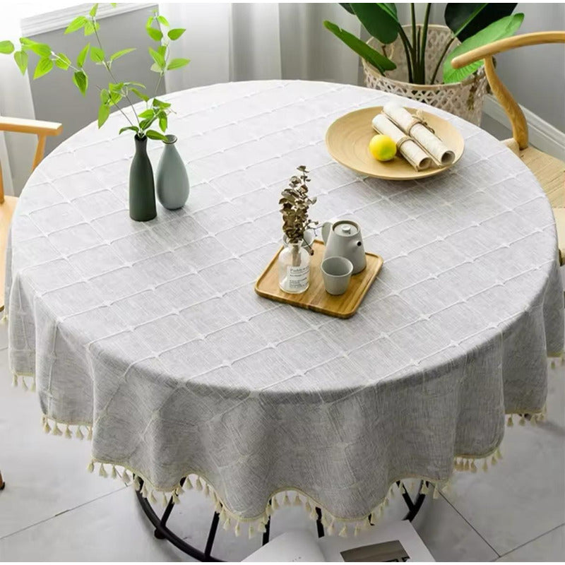 Mantel De Lino Y Algodón Redondo 150cm Nórdico Elegante Moda Gris