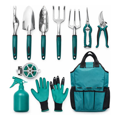 Kit De Jardinería Set X11 Piezas Estuche Pala Pinza Tijeras Verde