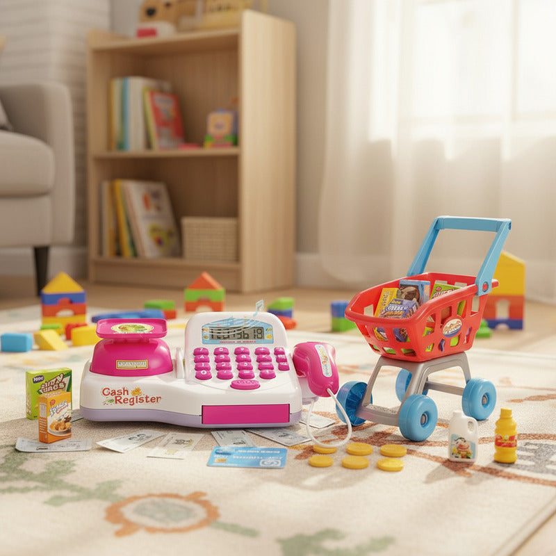 Juguete Carrito De Compras Caja Registradora Infantil Juego Blanco Y Rosa